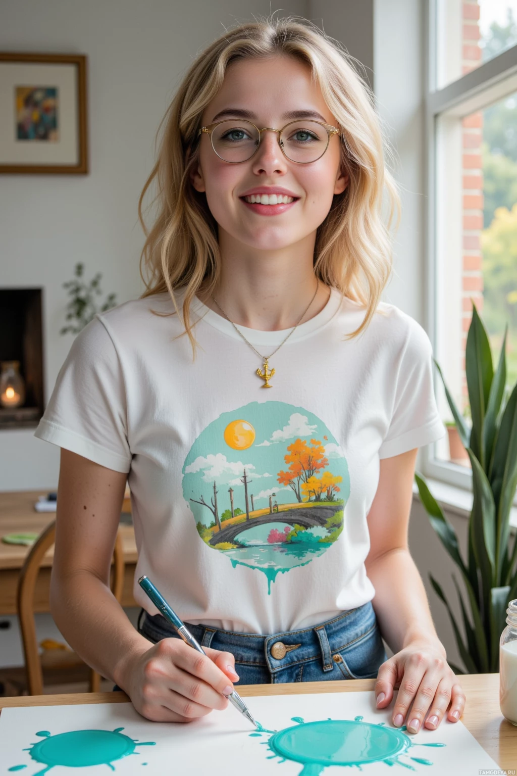 A person wearing a t-shirt with a painted landscape design is holding a paintbrush.