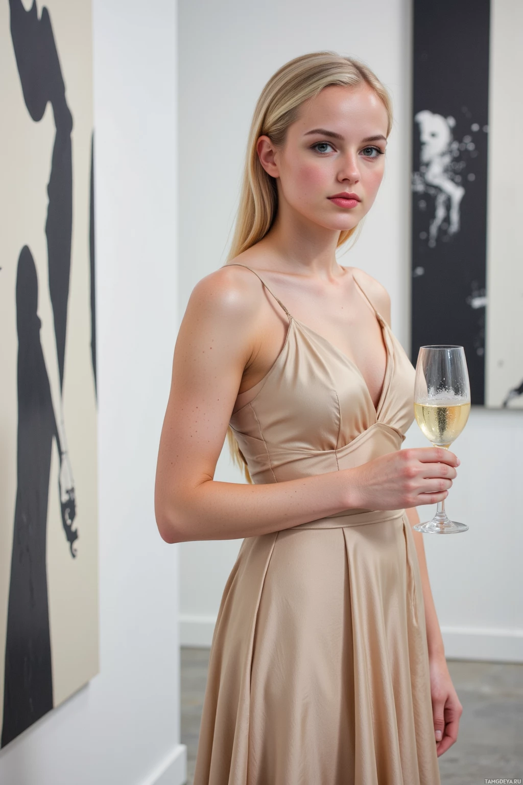 A woman in a beige dress holds a glass of champagne in a gallery setting.