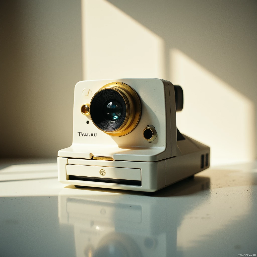 A vintage-style camera with a prominent lens and a "TYAI.RU" label sits on a reflective surface.