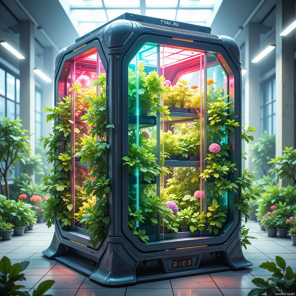 A futuristic, enclosed greenhouse with vibrant plants and flowers inside.