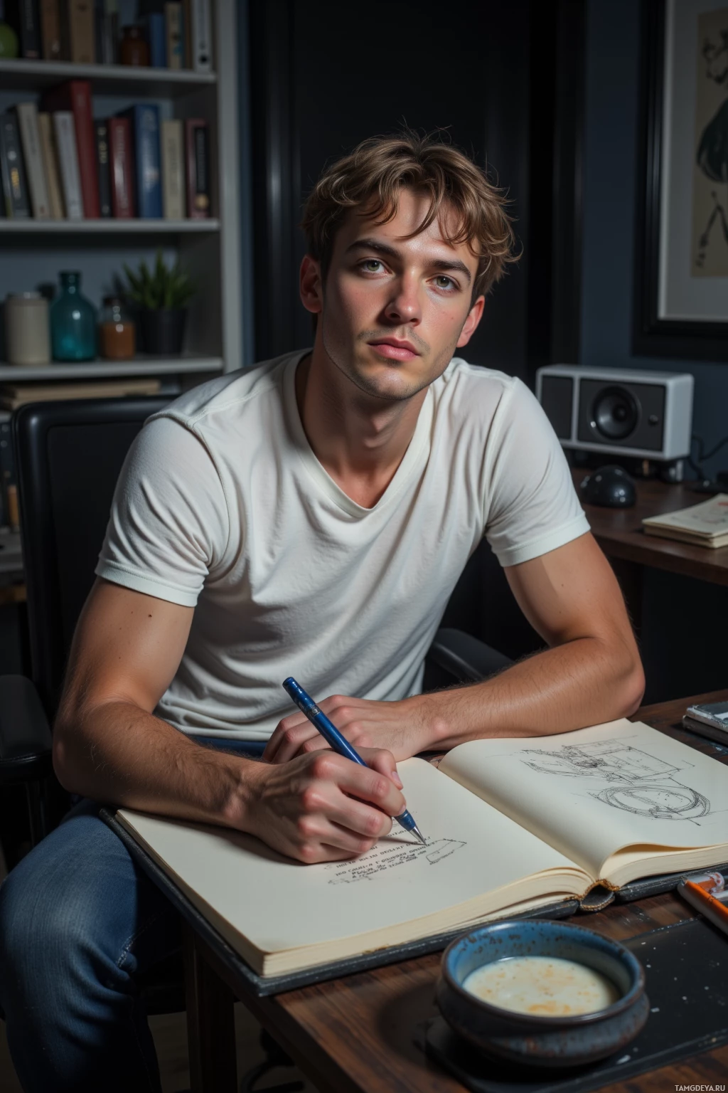 A person in a white shirt sits at a desk, holding a pen and looking at an open notebook.