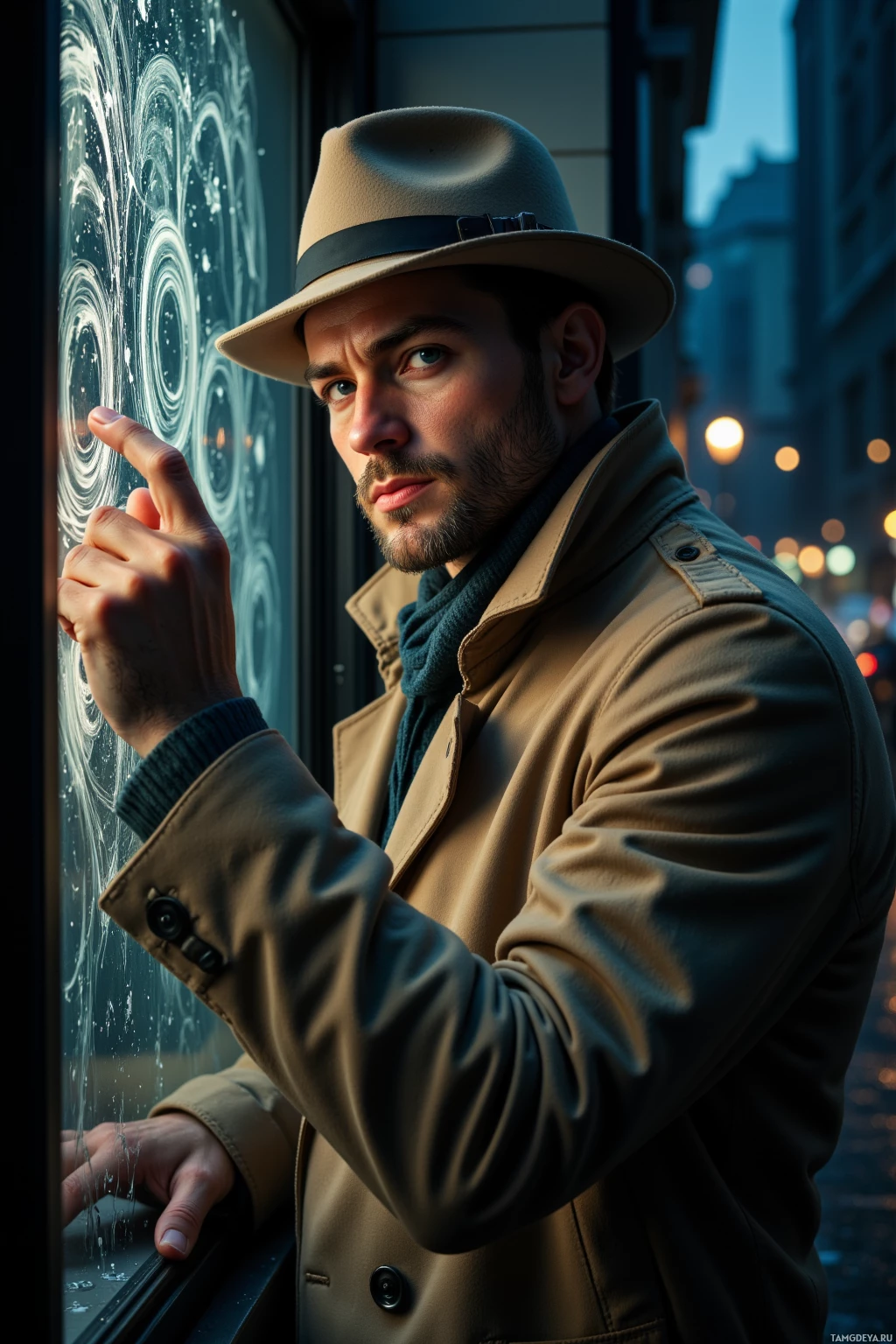 A man in a beige trench coat and fedora hat leans against a window, pointing with his right hand.