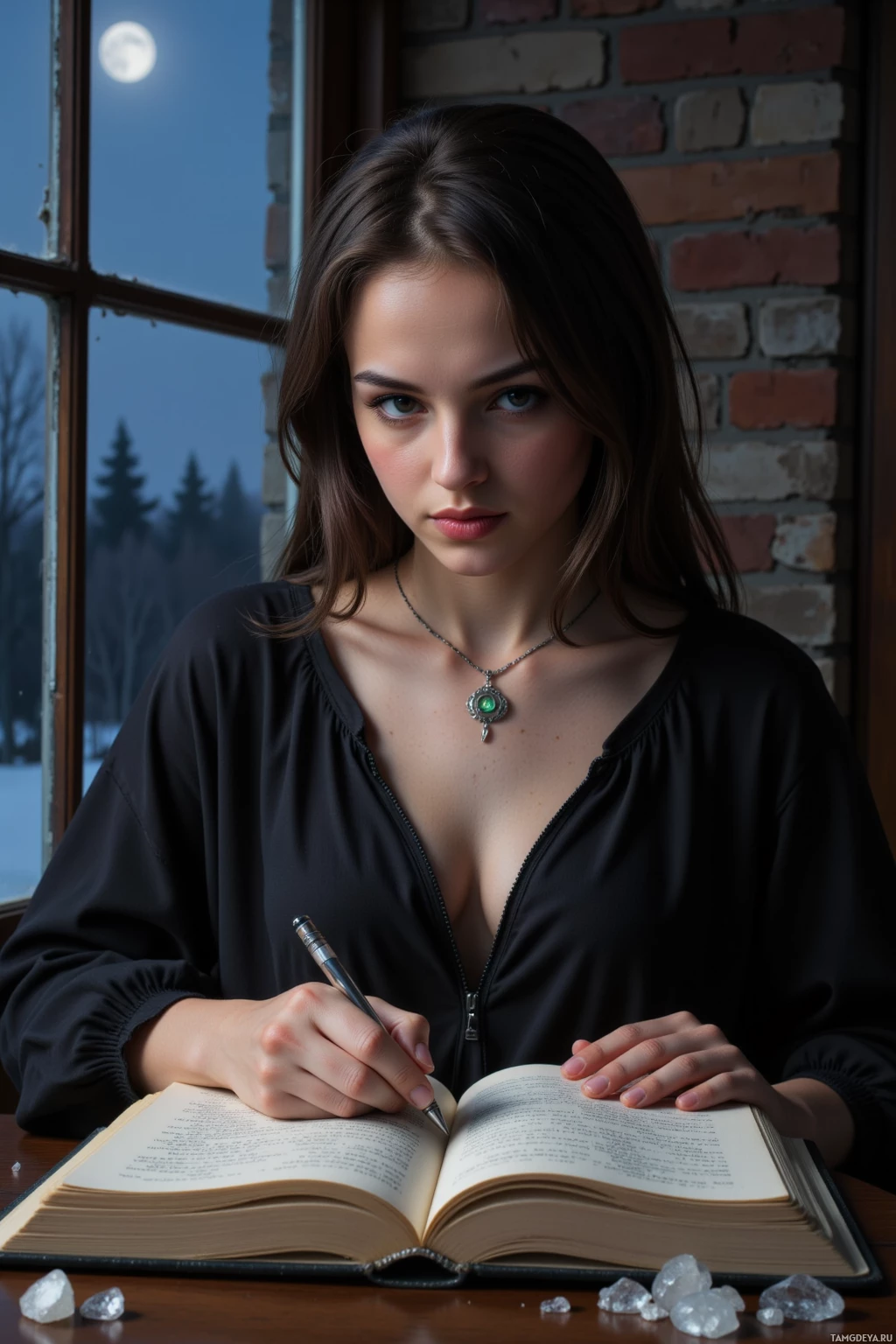 A woman sits at a table by a window, writing in a book with a pen.