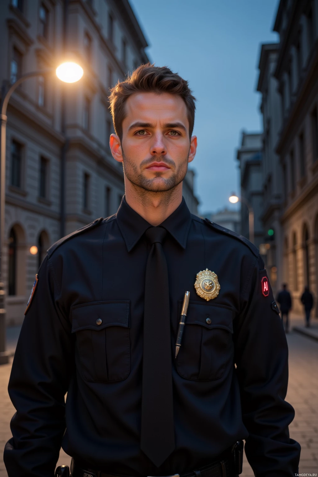 A man in a police uniform stands on a city street at dusk.