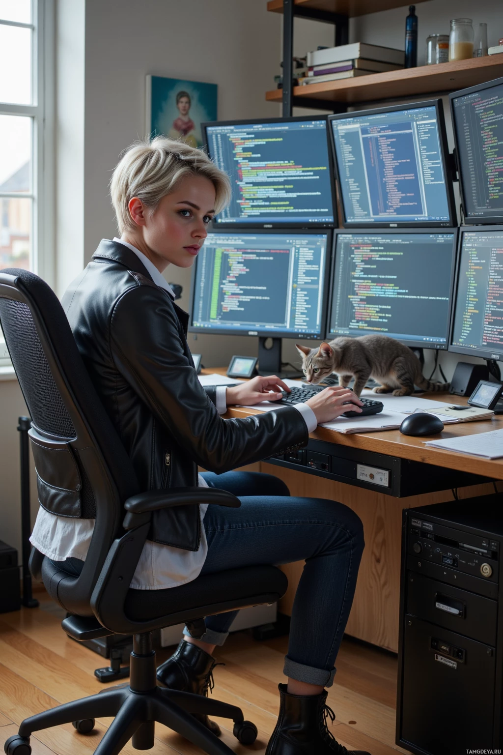 A person in a leather jacket works at a desk with multiple computer monitors displaying code, accompanied by a cat.