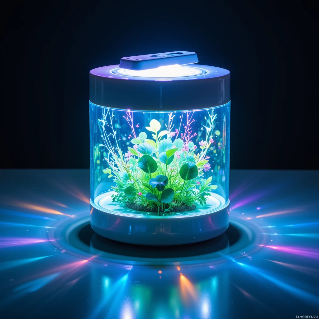 A cylindrical aquarium with vibrant aquatic plants illuminated by a glowing light.