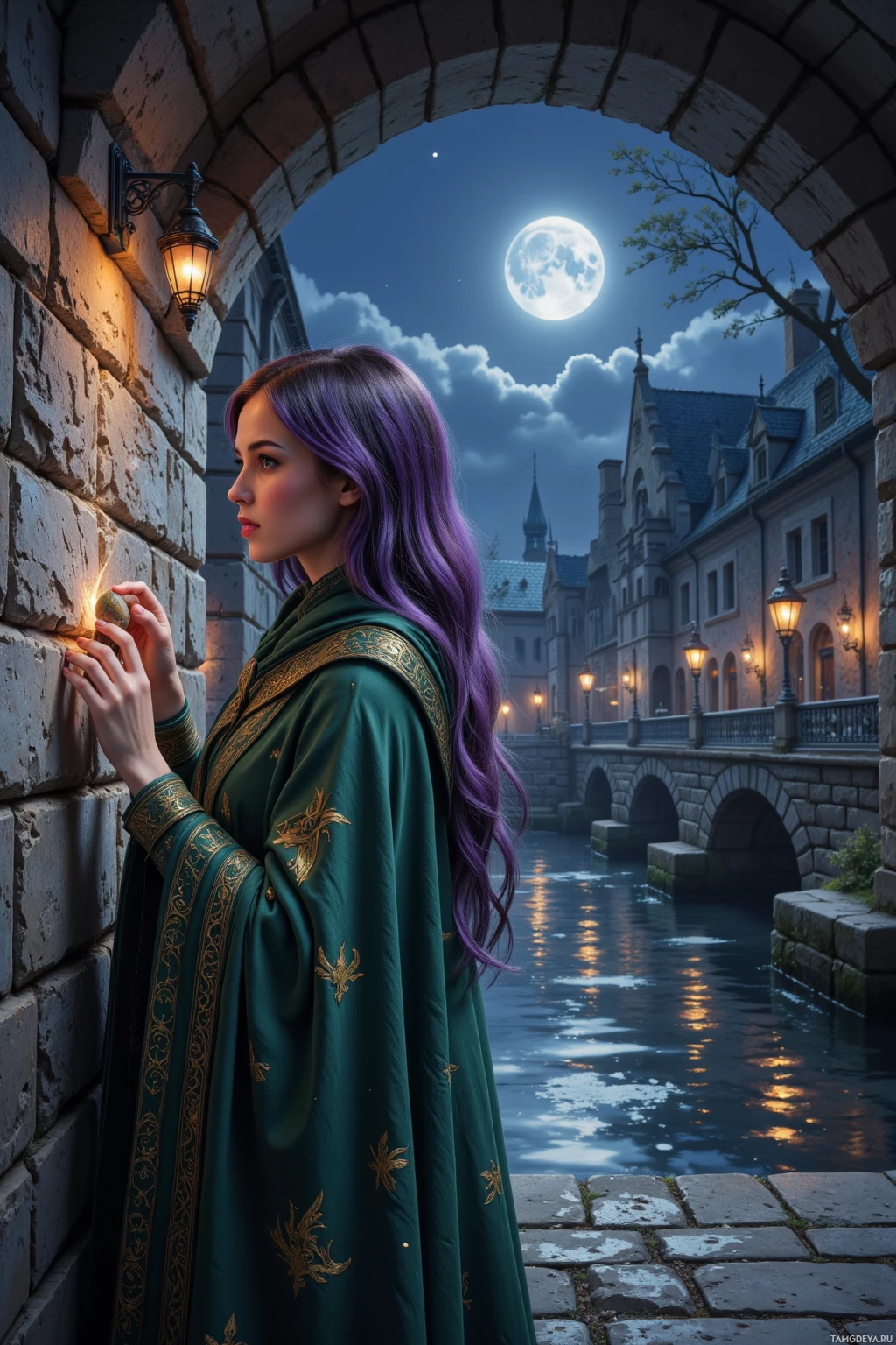 A woman in a green robe stands by a stone wall, gazing at a moonlit canal with a castle in the background.