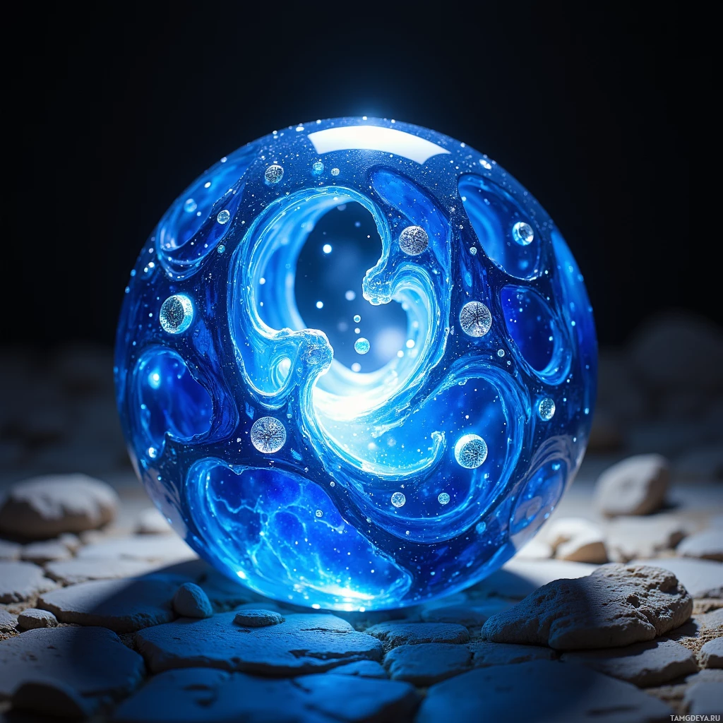 A glowing blue glass sphere with swirling patterns and small bubbles sits on a bed of stones.