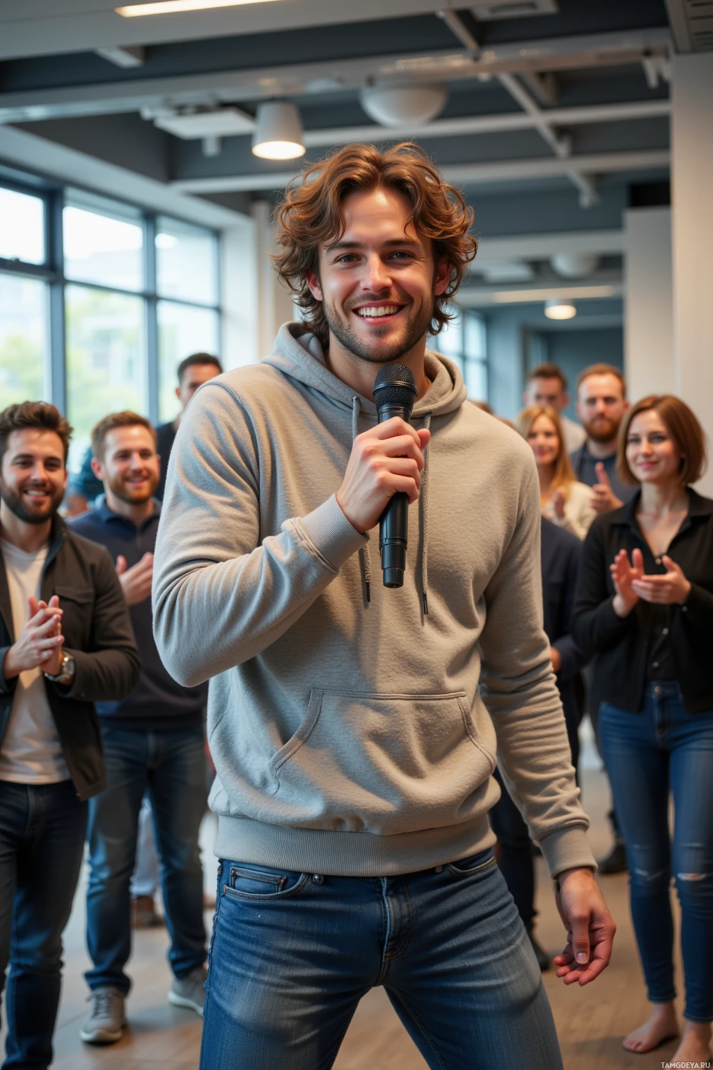 A man in a hoodie holds a microphone while standing in front of a group of people who are clapping.