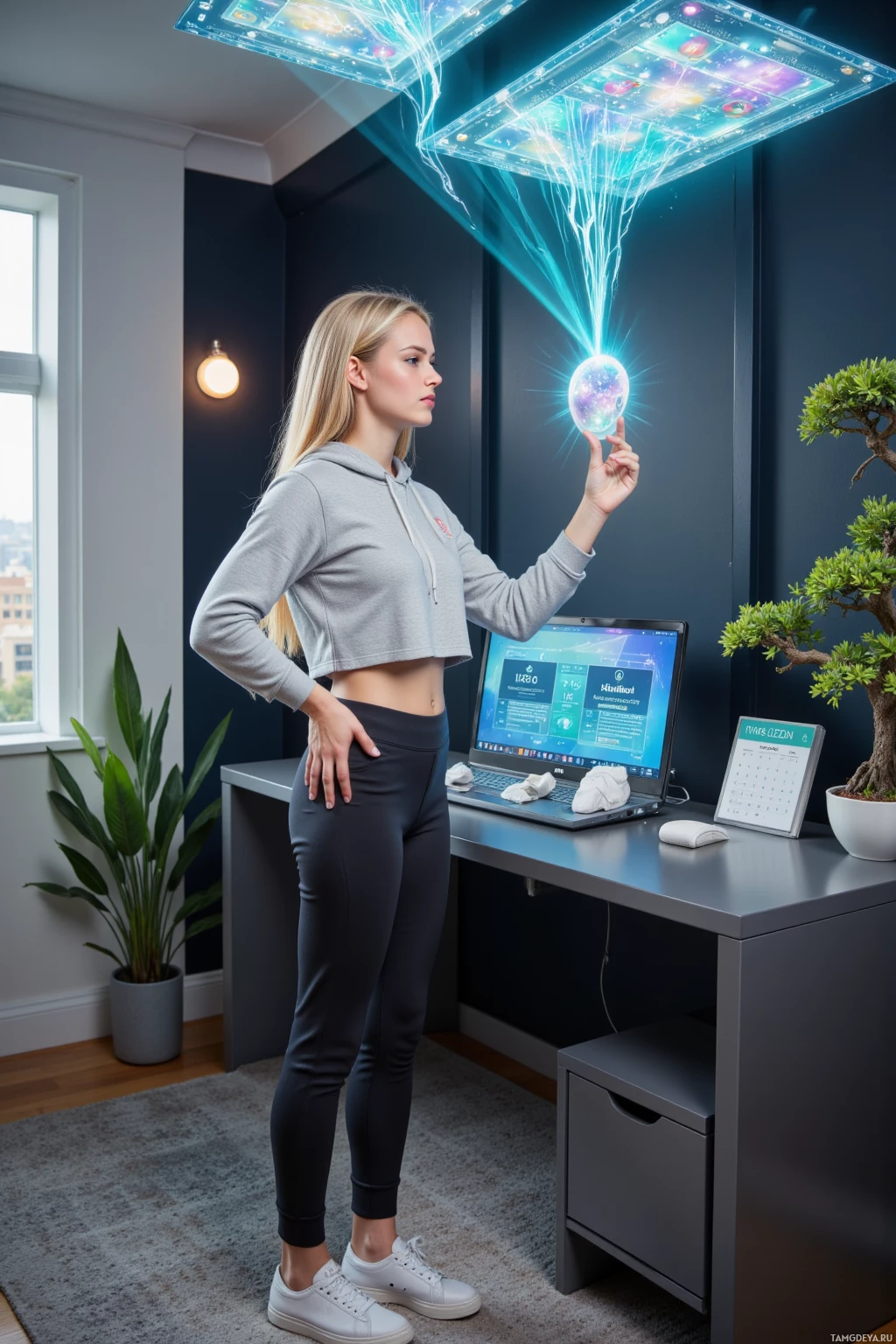 A woman stands in a modern office, interacting with a floating holographic interface above her desk.