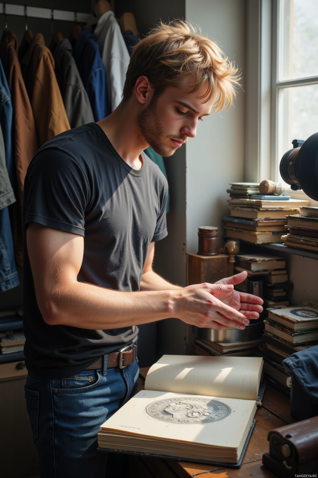 A man stands in a room with books and a camera, examining an open book on a desk.