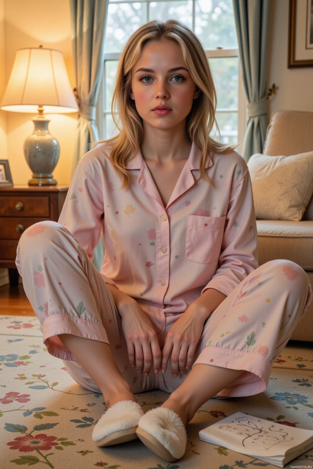 A person in pink floral pajamas sits on a patterned rug in a cozy room.
