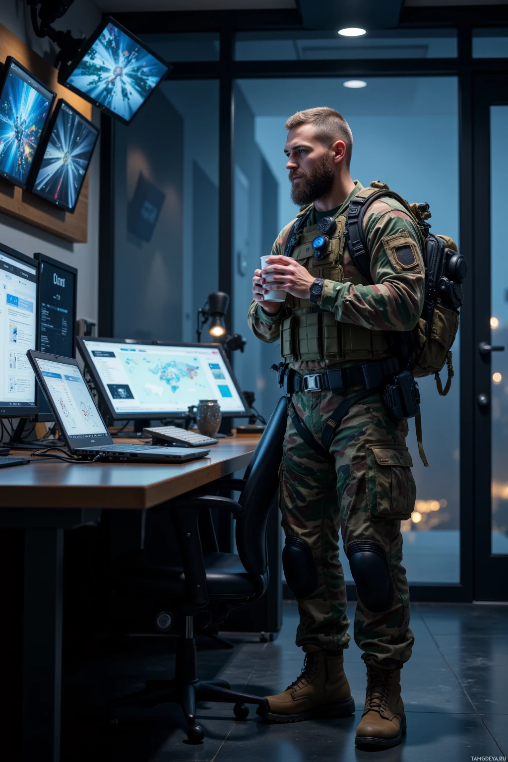 A soldier in camouflage uniform stands in a modern office, holding a cup, with multiple monitors displaying data in the background.