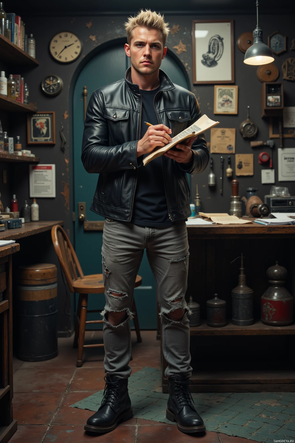 A man in a leather jacket and jeans stands in a workshop, holding a notebook and pen.
