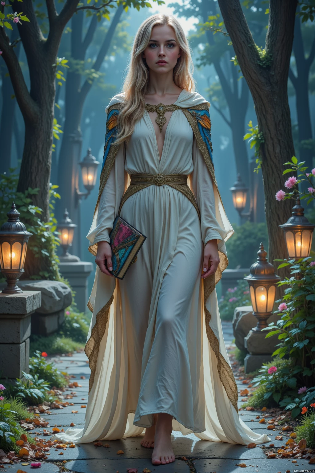 A woman in a flowing white gown stands in a forested pathway, holding a book.