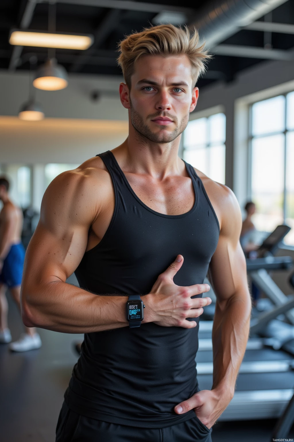 A muscular man in a gym wearing a black tank top and a smartwatch.