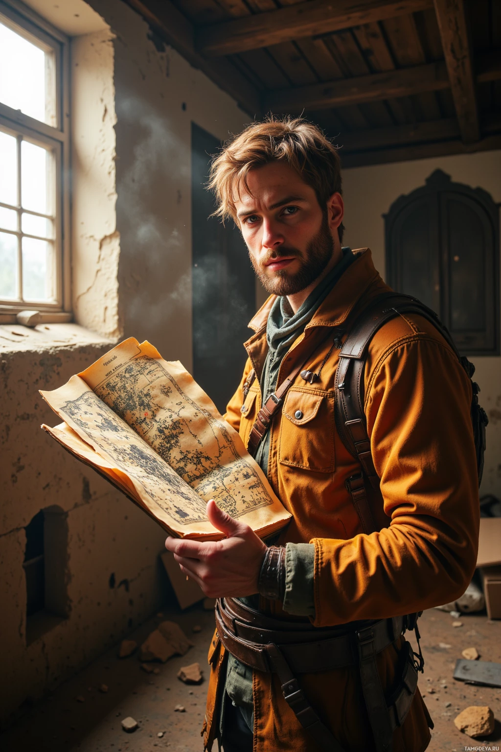 A man in an orange jacket holds an old map in a dimly lit, dilapidated room.