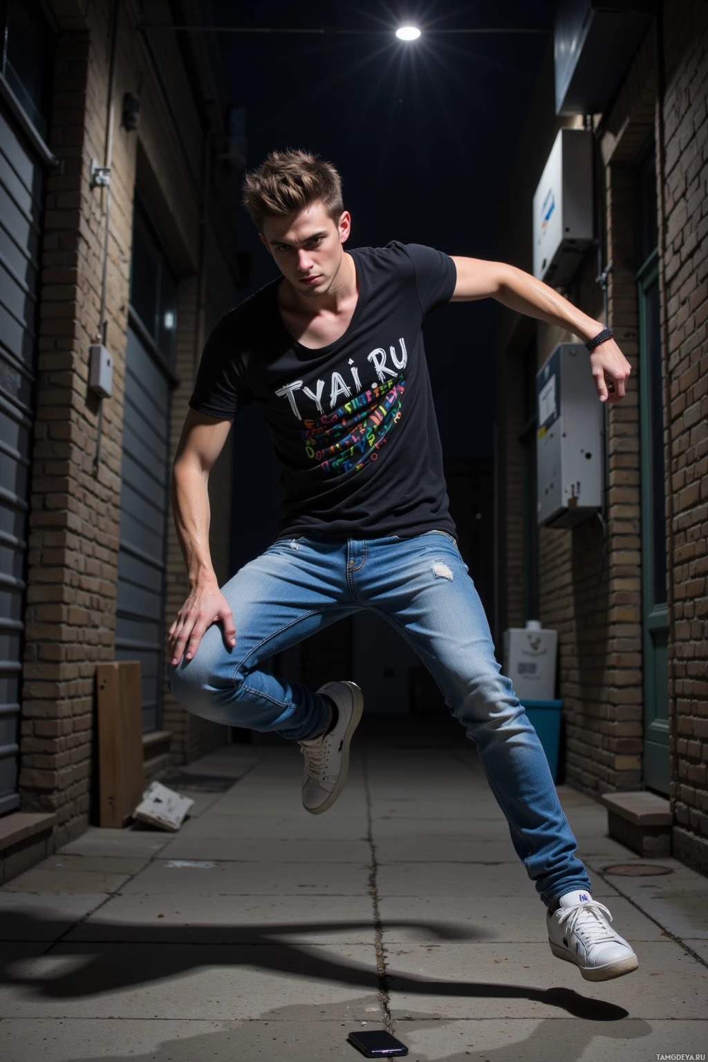 A young man in a black t-shirt and jeans is captured mid-dance in an alleyway at night.