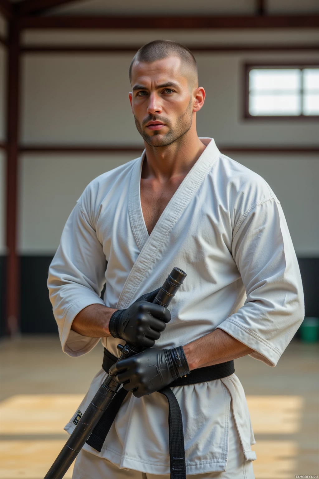 A man in a white karate gi and black gloves holds a black staff in a dojo setting.