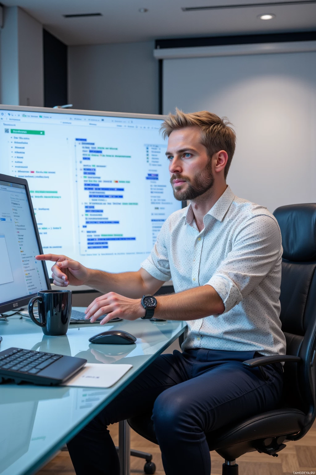 A man is seated at a desk in an office, working on a computer.
