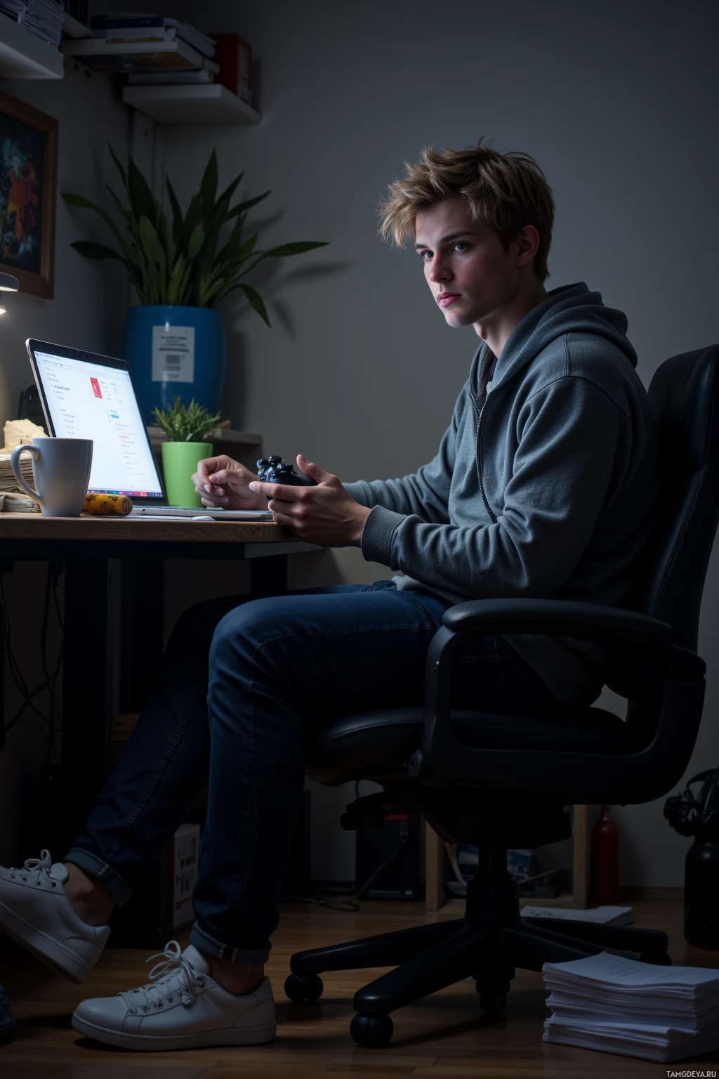 A person sits at a desk in a dimly lit room, holding a controller and looking at a laptop screen.