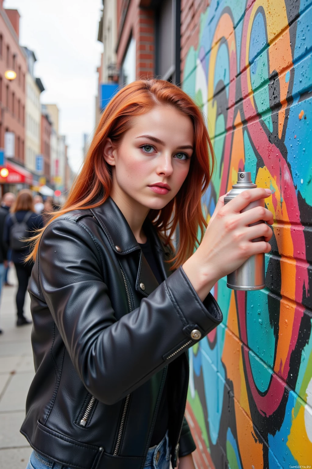 A person with red hair wearing a black leather jacket stands against a colorful graffiti wall.