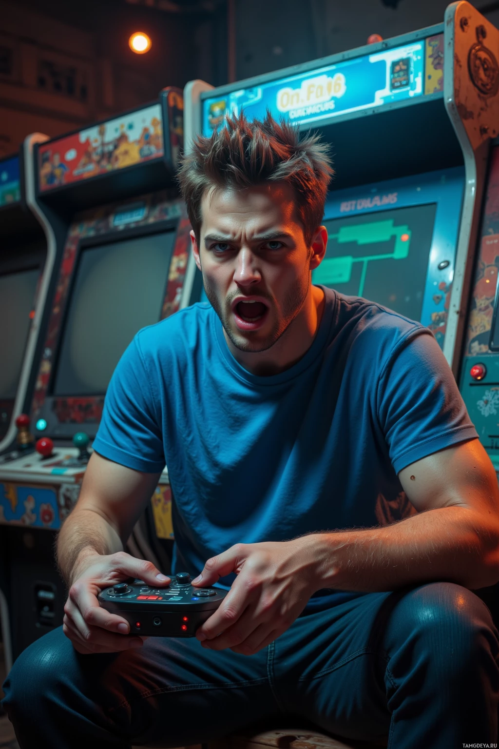 A person is playing an arcade game, holding a controller, with a focused expression.