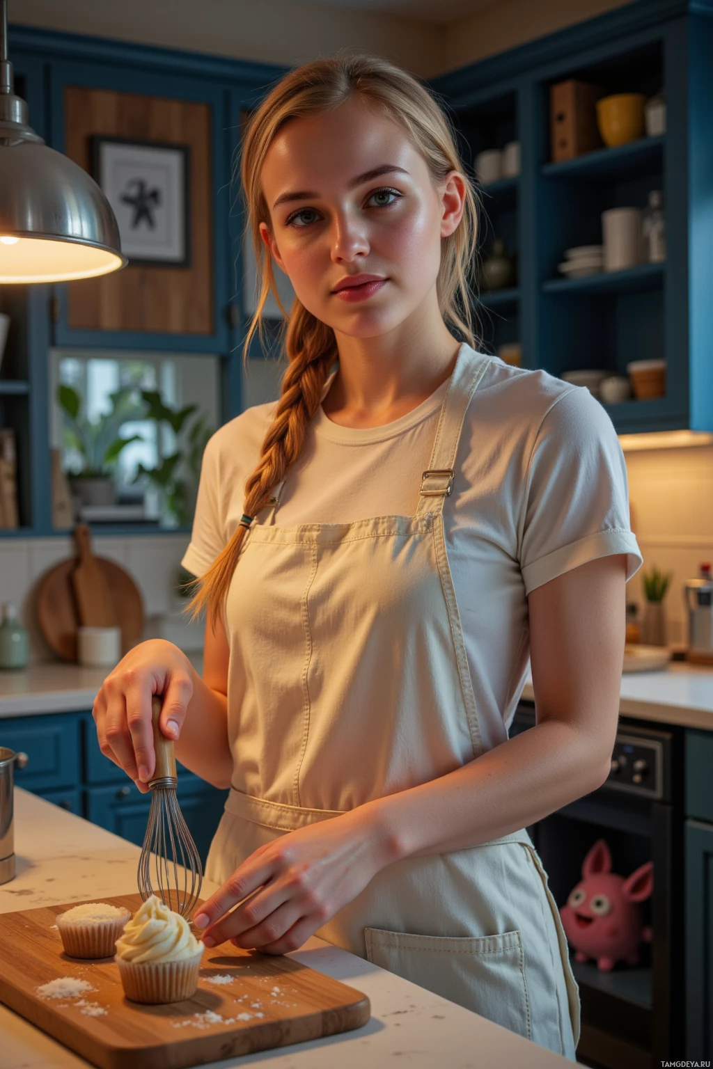 A person in a kitchen wearing an apron, holding a whisk, and decorating cupcakes.