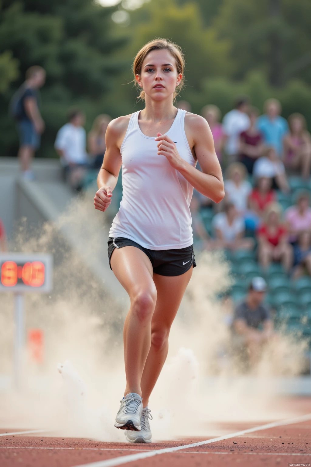 A female athlete runs on a track, with spectators in the background.