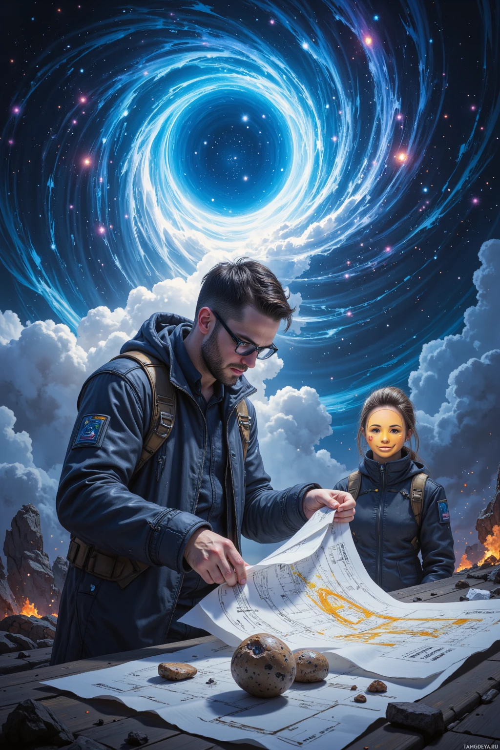 Two individuals in space suits examine a map and rocks against a cosmic backdrop.