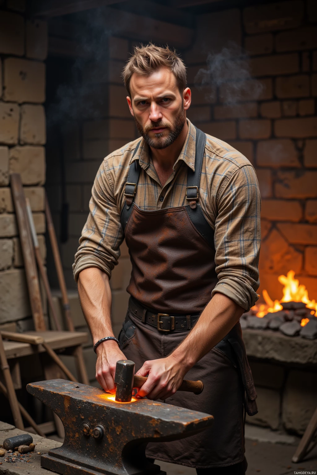 A man in a workshop wearing an apron, holding a hammer, and working on a glowing piece of metal on an anvil.