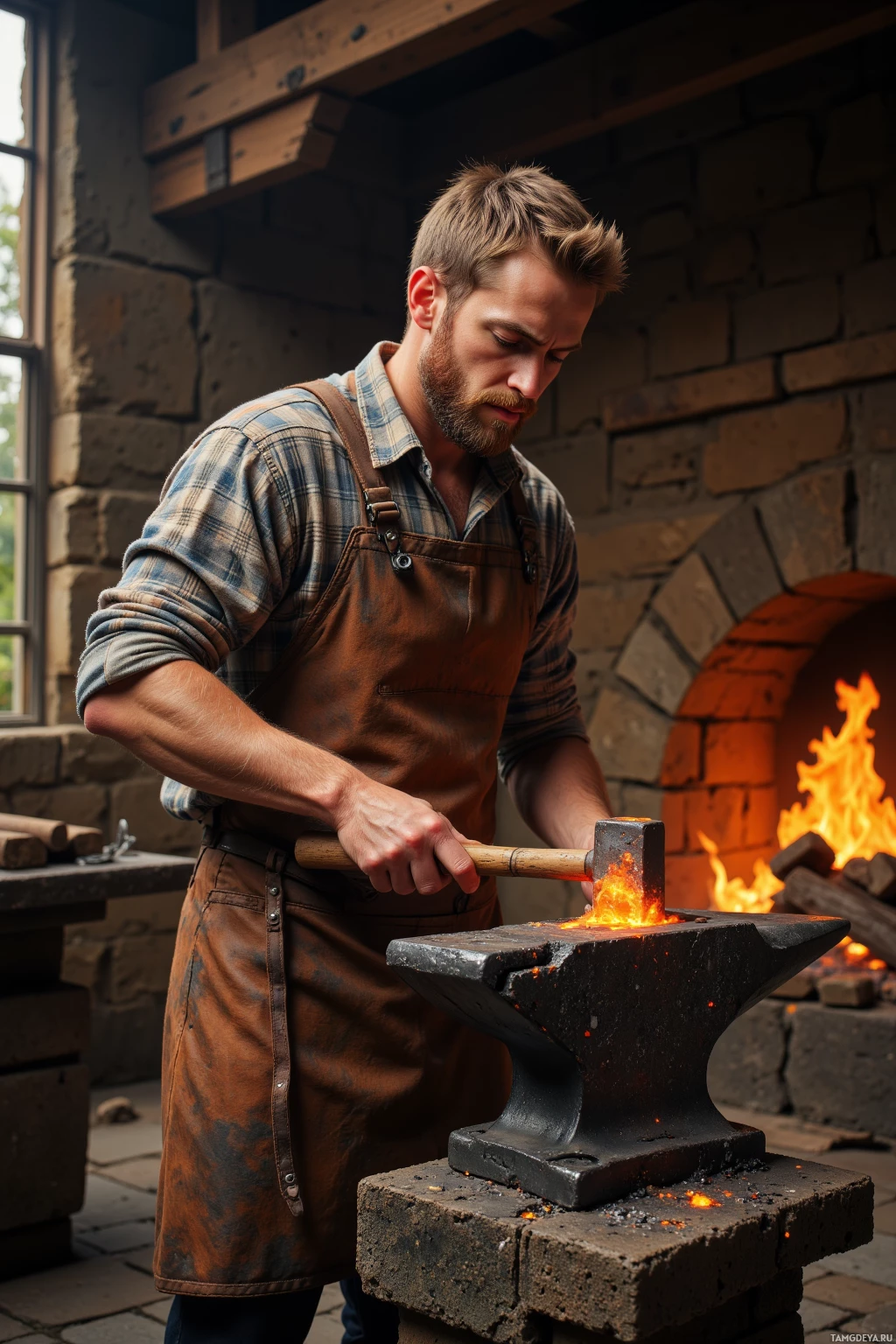 A man in a plaid shirt and leather apron is working with a hammer on a glowing metal object in a forge.