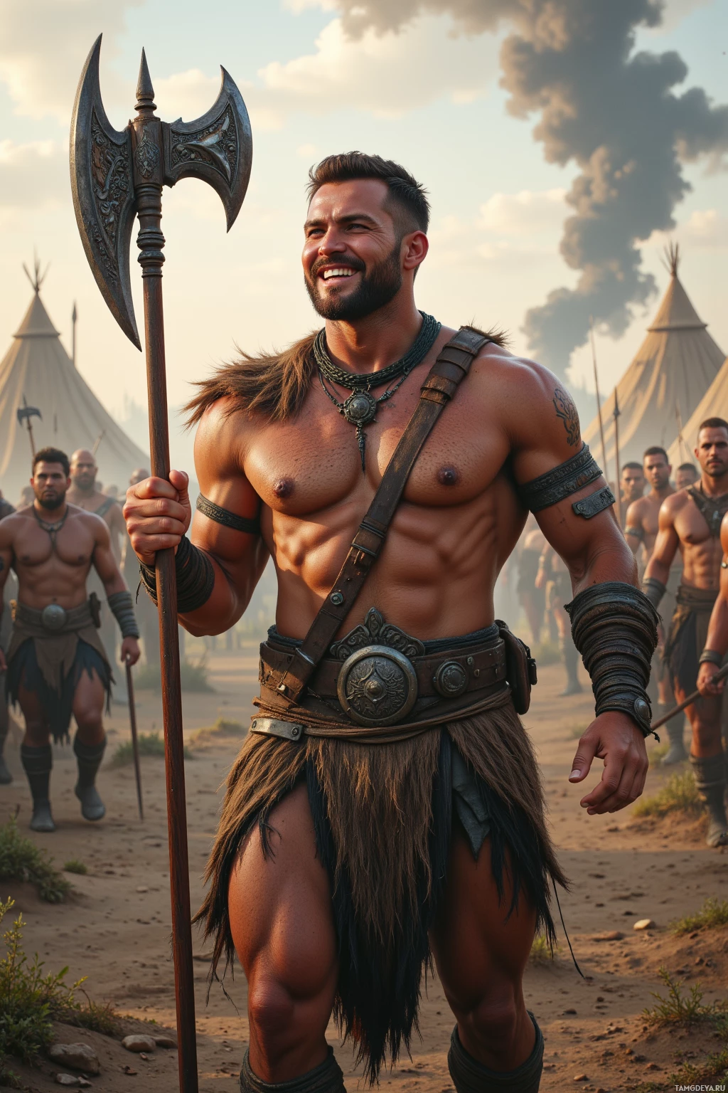 A muscular man in ancient warrior attire holds a large axe, standing in a desert-like setting with other warriors in the background.