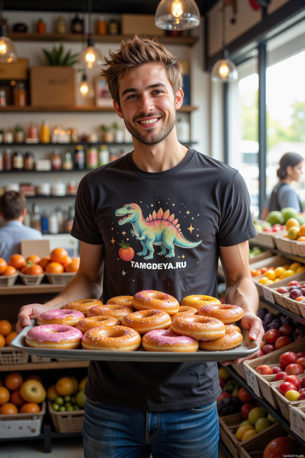 Realistic high quality photo. A 25‑year‑old man with messy light brown hair, bright blue eyes and a friendly smile, wearing a graphic tee and jeans, standing in a corner market holding a tray of dinosaur‑shaped doughnuts, laughing as he teases the cashier with a playful prank, sunlight filtering through the window onto a colorful display of produce, realistic modern setting.