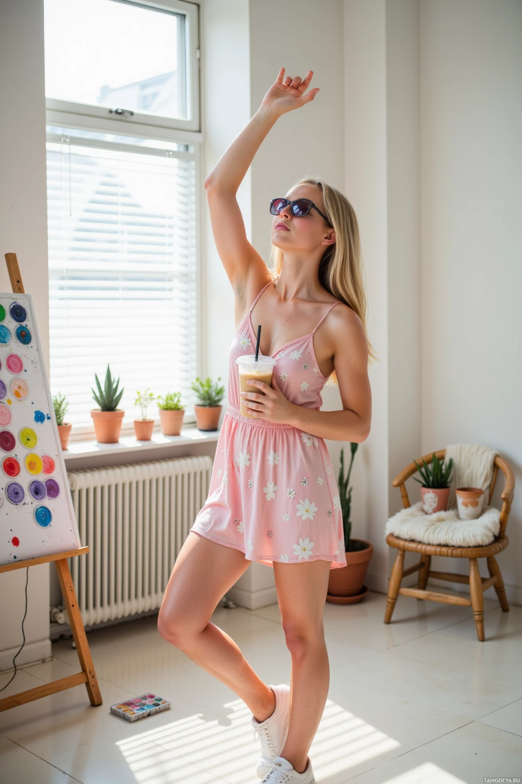 Realistic high quality photo. A relaxed 25‑year‑old woman with long blonde hair, bright blue eyes, warm beige skin, wearing a pastel pink sundress with white flowers, sneakers, and trendy sunglasses, holding a bubble tea, standing in a modern studio bathed in sunlight filtering through blinds, surrounded by watercolor paints and a few succulents, stretching her arm upward in a gentle breathing pose.