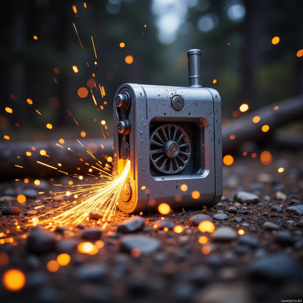 Semi-abstract image with many light, that is suitable for the post:  Compact chrome‑cased fire starter with titanium alloy body in ash‑gray, featuring a hand crank and rotating wheel that produces sparks, resembling a pocket forge.