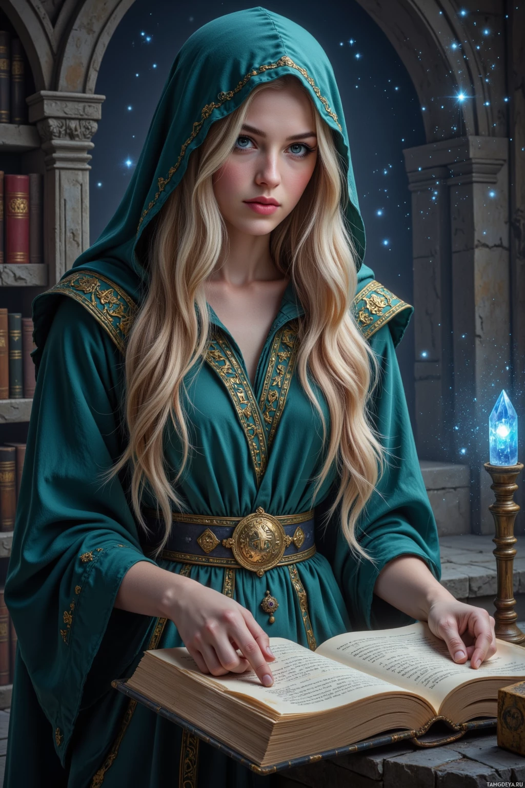 A woman in a teal hooded gown with gold trim holds an open book, surrounded by a starry night sky and ancient architecture.