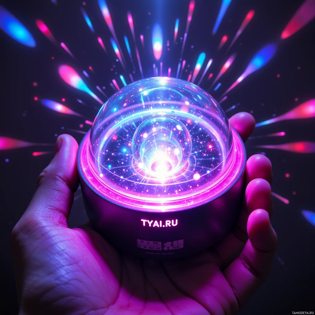 A hand holds a glowing, futuristic device with vibrant colors and light effects.