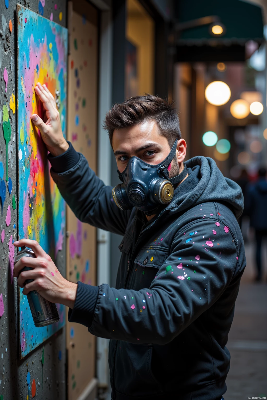 A person wearing a gas mask and a jacket splattered with paint is spray painting a colorful mural on a wall.
