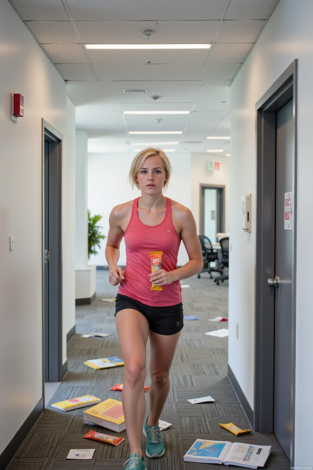 Realistic high quality photo. Energetic young woman, 23, short blonde hair, bright blue eyes, fit, wearing running shorts and a breathable tank top, sprinting up a modern office stairwell, colliding with a stack of folders, a break room transformed into a makeshift obstacle course, a fire alarm box visible in the hallway, holding a granola bar trophy, bright daylight in a corporate office environment.