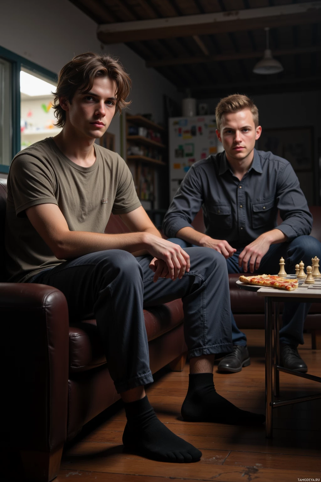 Two young men sit on a couch in a dimly lit room, one wearing a t-shirt and the other a button-up shirt, with a chessboard and pizza on a table in front of them.