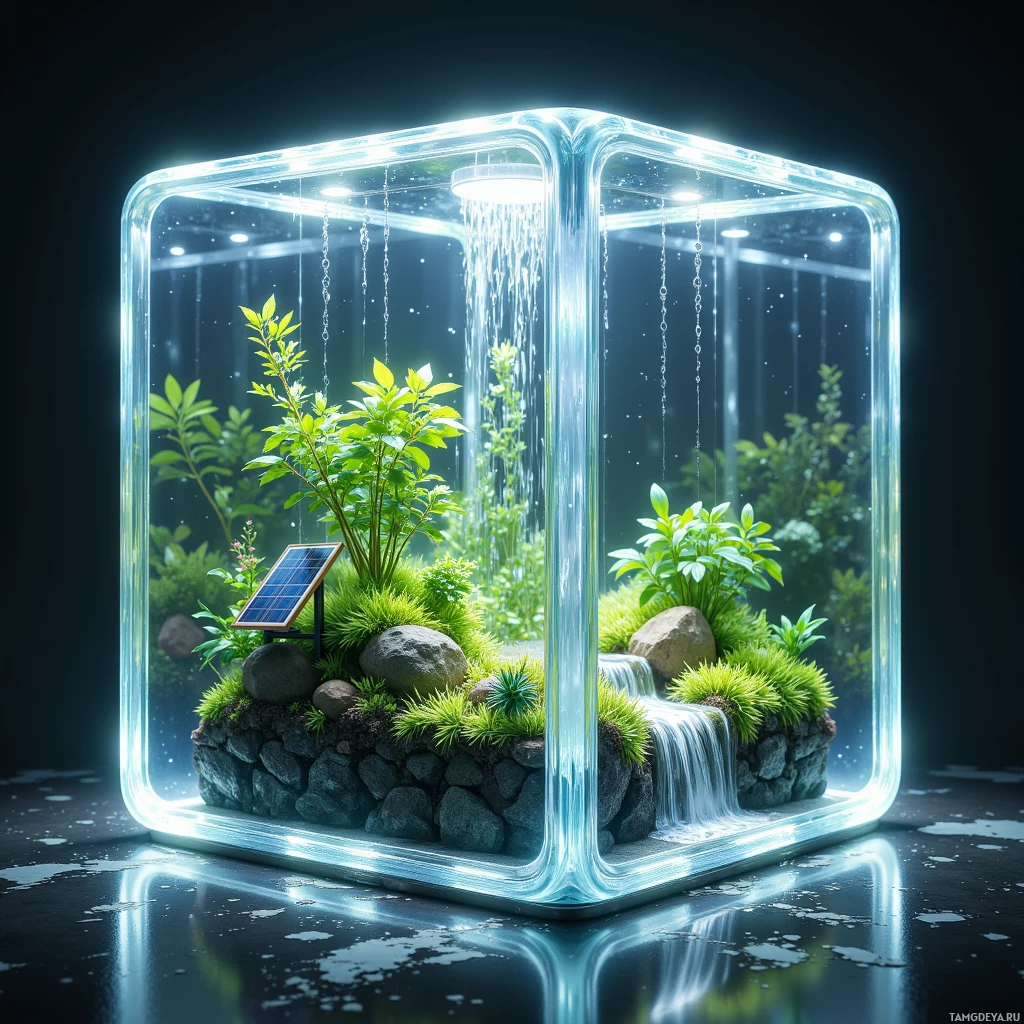 A glass cube houses a miniature garden with plants, rocks, and a solar panel.