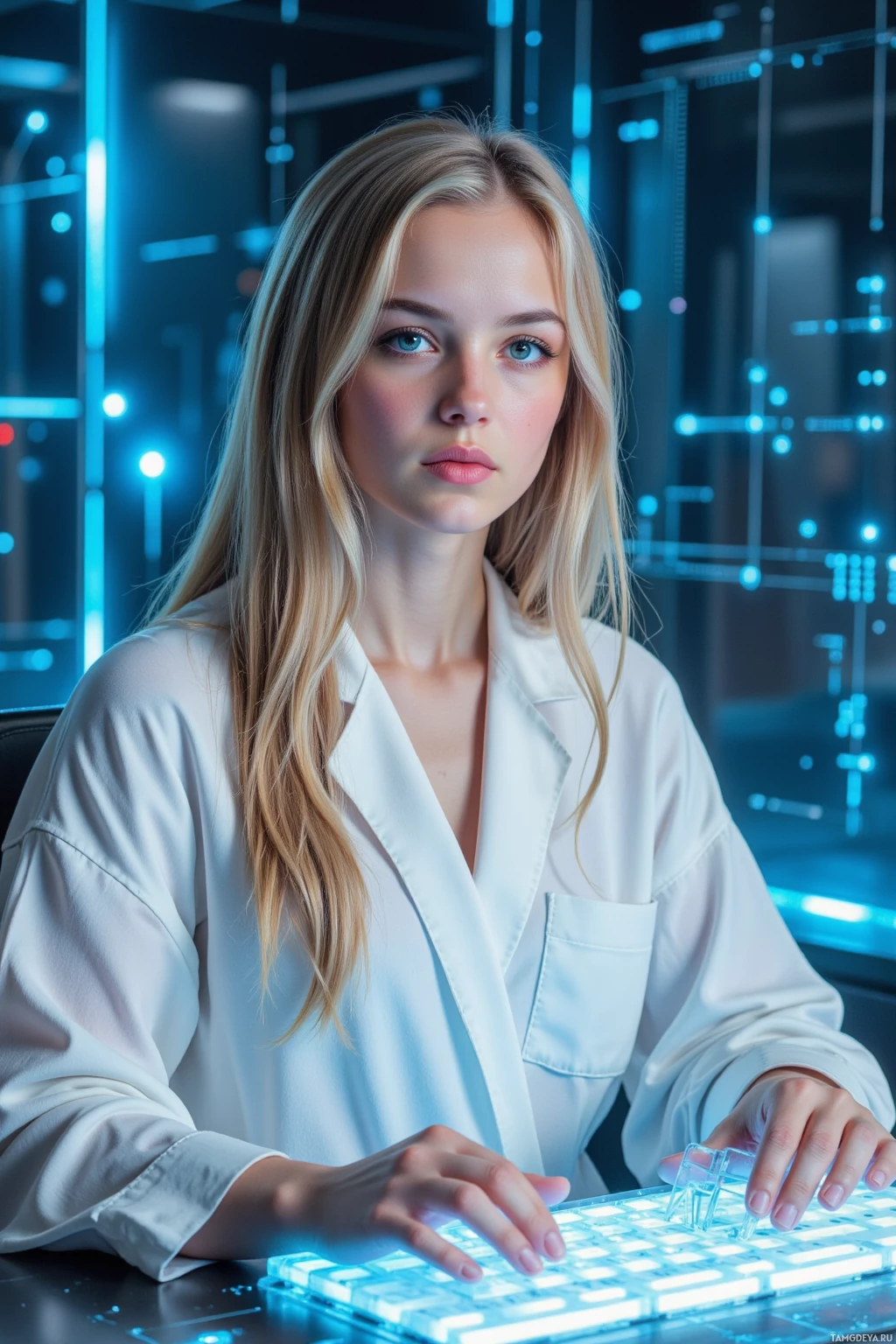 A person with long blonde hair wearing a white shirt is seated at a futuristic keyboard in a dimly lit room with blue lighting.