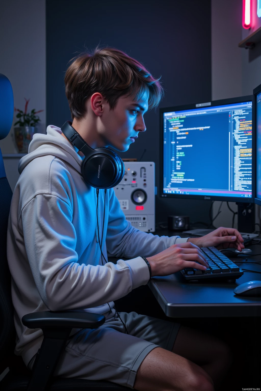 A person wearing headphones works on a computer in a dimly lit room.