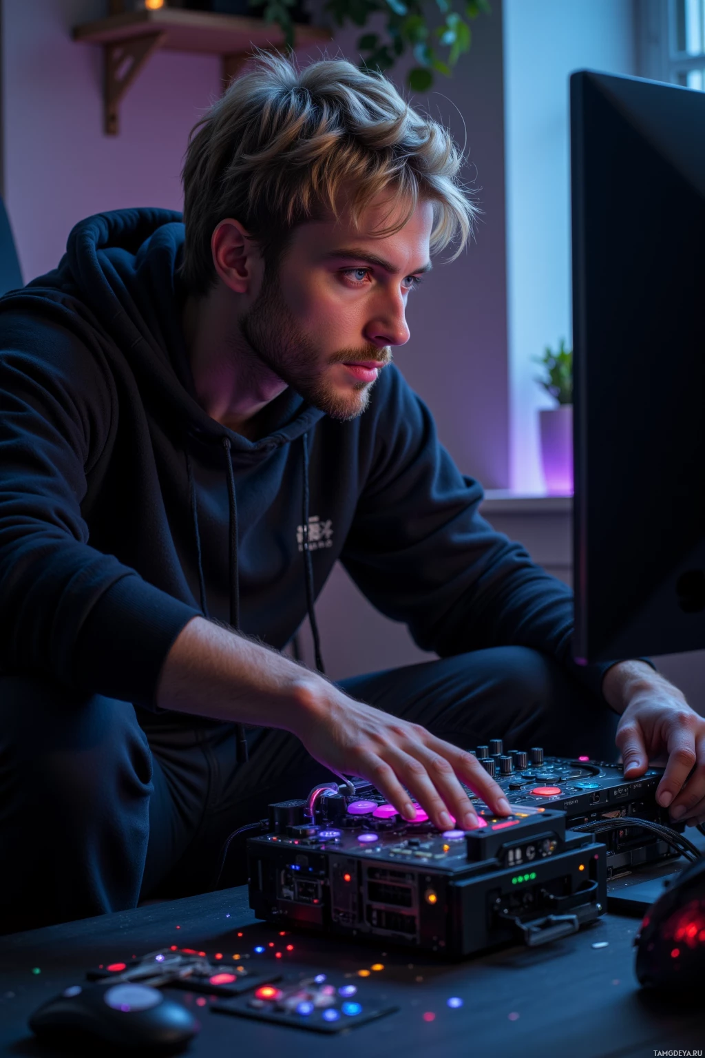 A person in a hoodie is focused on a computer setup with a DJ mixer and colorful lighting.