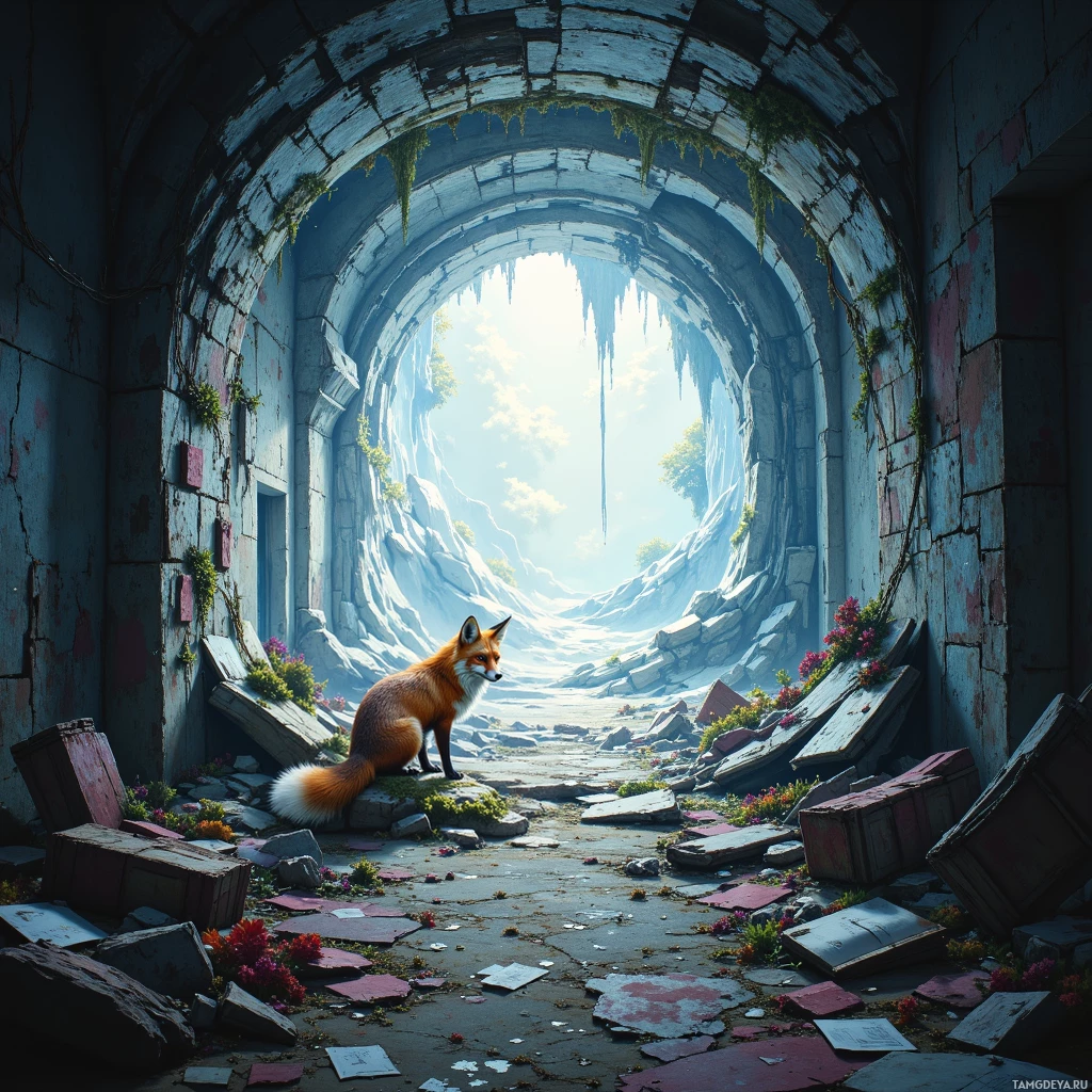 A fox sits in a dilapidated, moss-covered archway leading to a bright, rocky landscape.