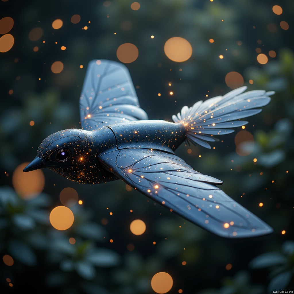 A glowing blue bird with intricate details and sparkling particles in flight.