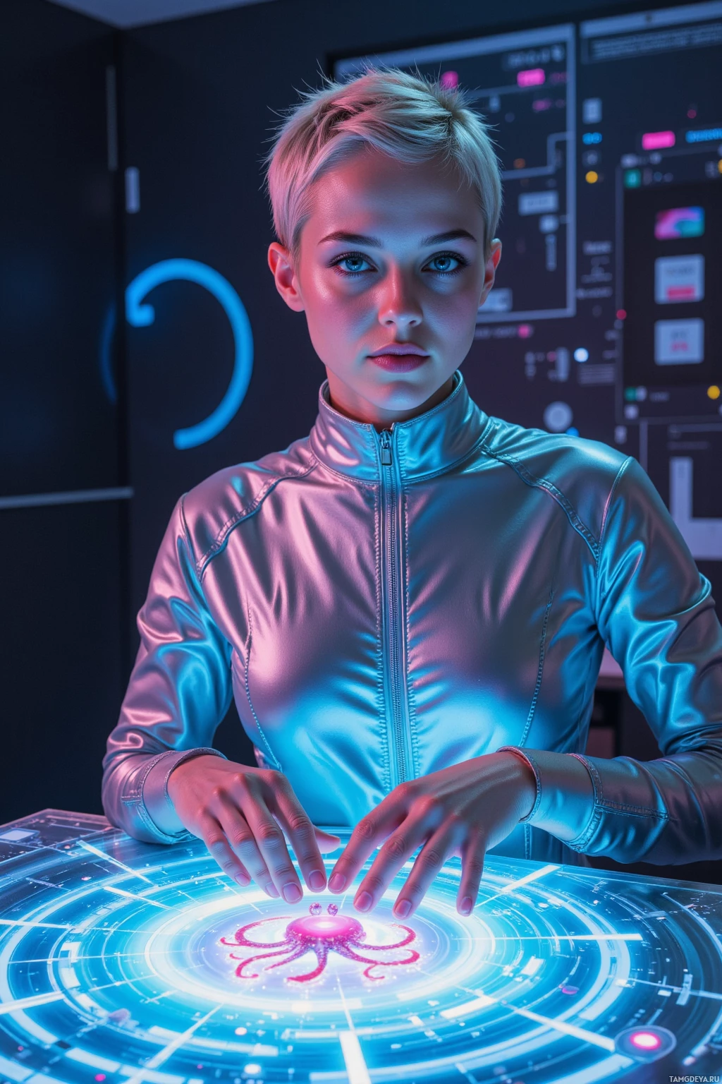 A person in a futuristic setting interacts with a glowing, high-tech interface.