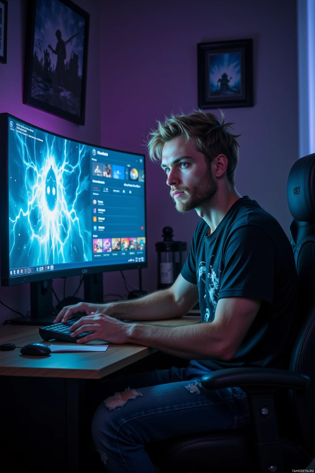 A person is sitting at a desk in a dimly lit room, working on a computer with a glowing screen.