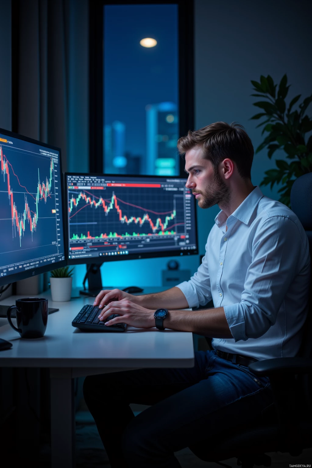 A man is working at a desk with multiple computer monitors displaying financial charts, in a dimly lit room with a cityscape view.